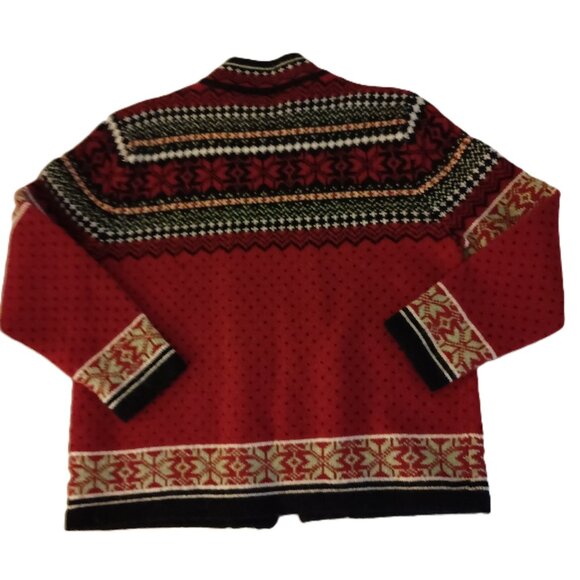 Skyr Red Wool Fair Isle Cardigan Sweater w/ Ornate Metal Clasps Women's Medium - Picture 3 of 15